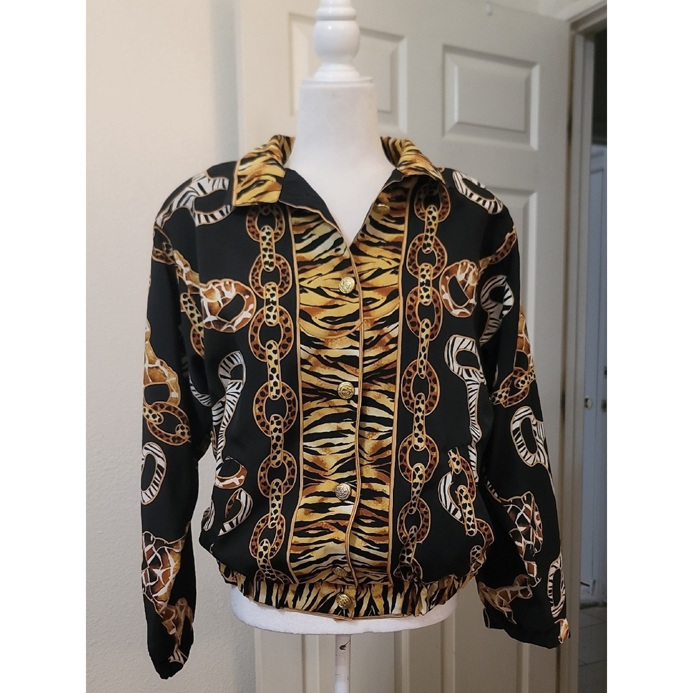 G. Oberti Vintage Animal Print Chain Link Bomber Jacket Black Gold XL